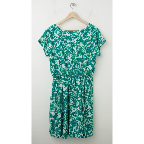 NEW Gap Printed Zoe Sleeve Fit & Flare Dress in Green Multi-Dots