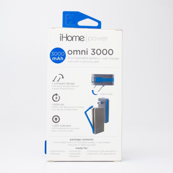 iHome Power Omni 3000 3-in-1 Portable 3000 mAh Battery & Wall Charger IH-CT4041N