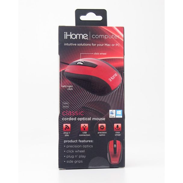 iHome Computer Classic Corded Optical Mouse Red IH-M600R