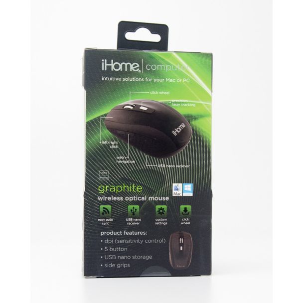 iHome Computer Graphite Wireless Optical Mouse Black Glossy IH-M361B