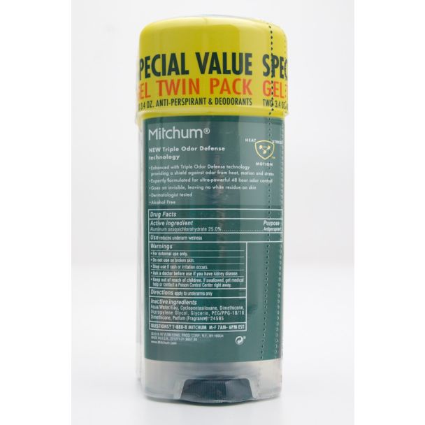 Mitchum Men Triple Odor Defense Unscented Gel Antiperspirant & Deodorant Twin Pack 2 x net wt. 3.4 oz
