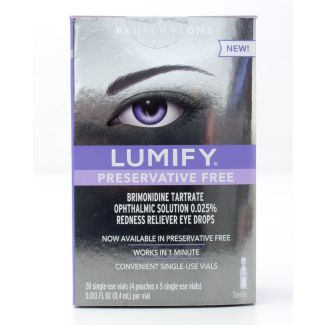 Bausch + Lomb Lumify Preservative Free Redness Reliever Eye Drops 20 Single-Use Vials (0.013 fl oz per Vial)